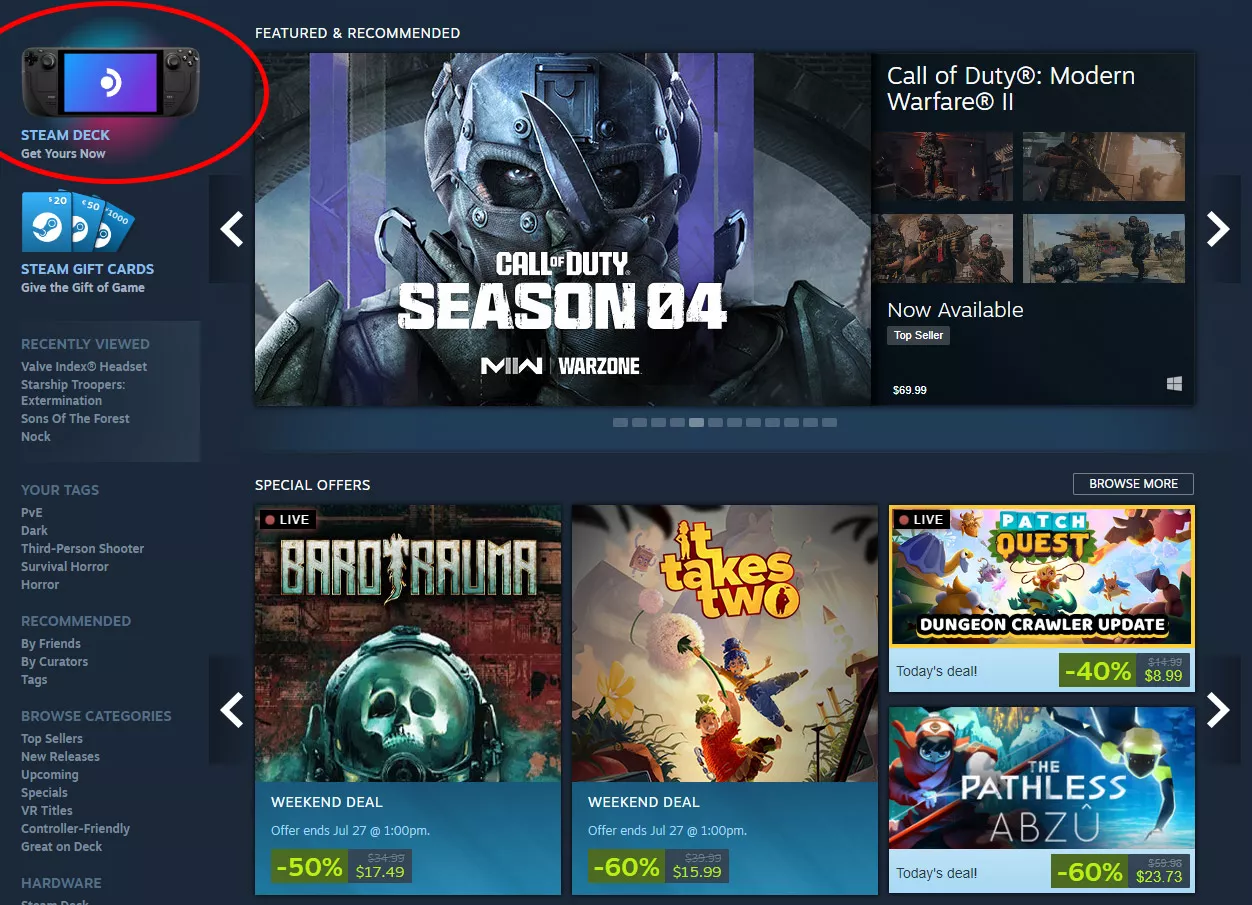 Valve рекламировала Index в специальных витринах магазина Steam, теперь же перед лицом огромной аудитории пользователей Steam чаще появляется Steam Deck